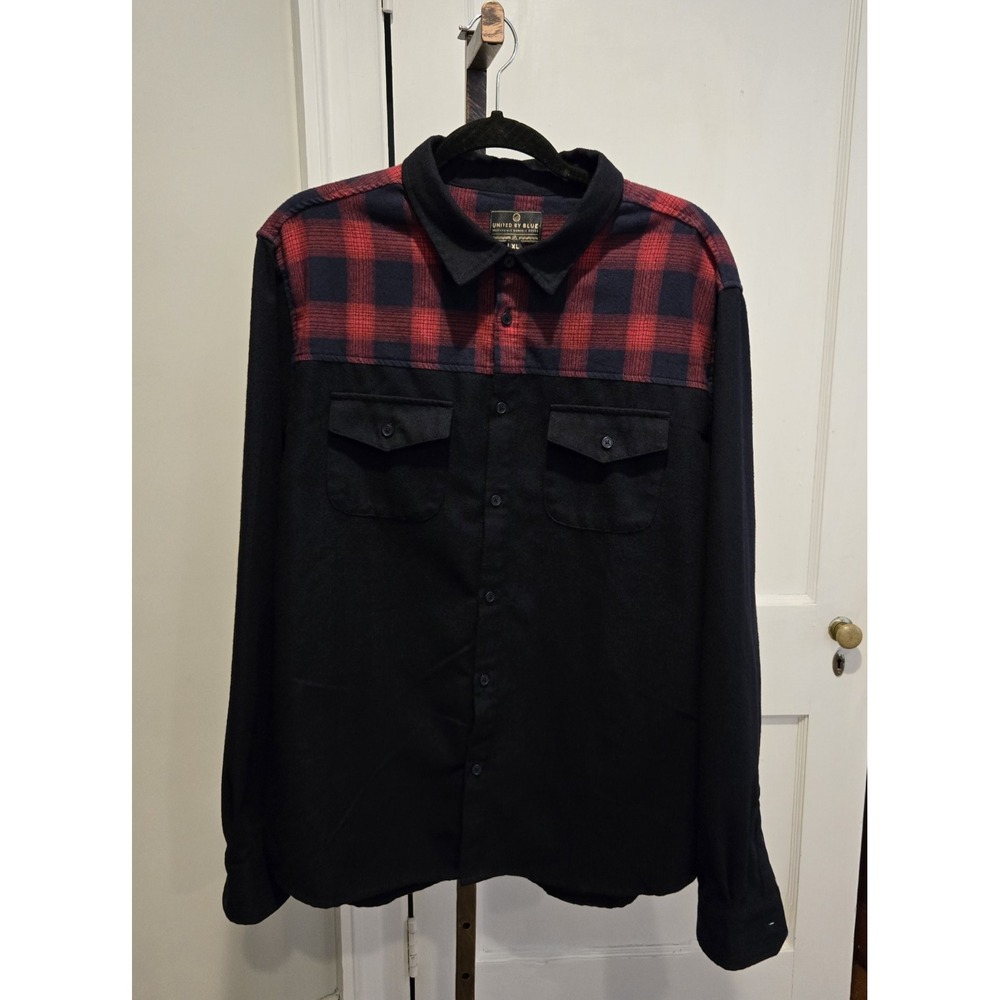 United By Blue Button‎ Down Men's Wool Blend Shirt Black/Red Plaid Pockets XL